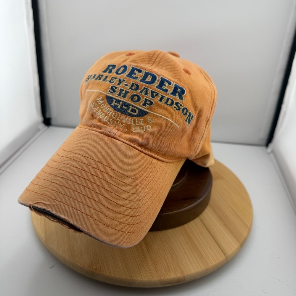 Y2K Harley Davidson Roeder Ohio Faded Orange Distressed Biker Hat Strapback